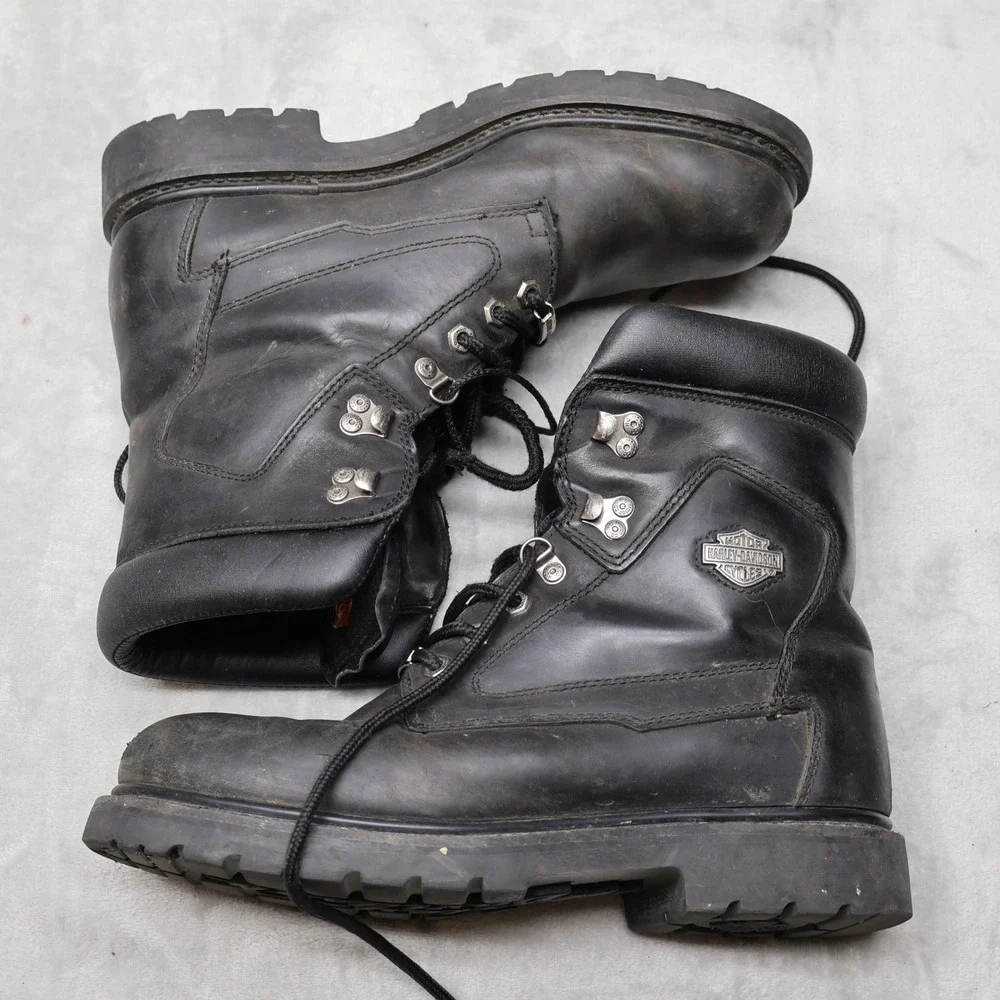 Harley Davidson Leather Boots Mens 10 Black Biker Motorcycle Lug Sole Vintage
